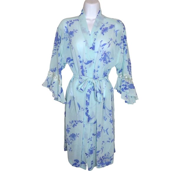 LA Intimates Knee Length Sheer Robe M Blue Lavender Floral Ruffled Lace Sleeve - Picture 2 of 13